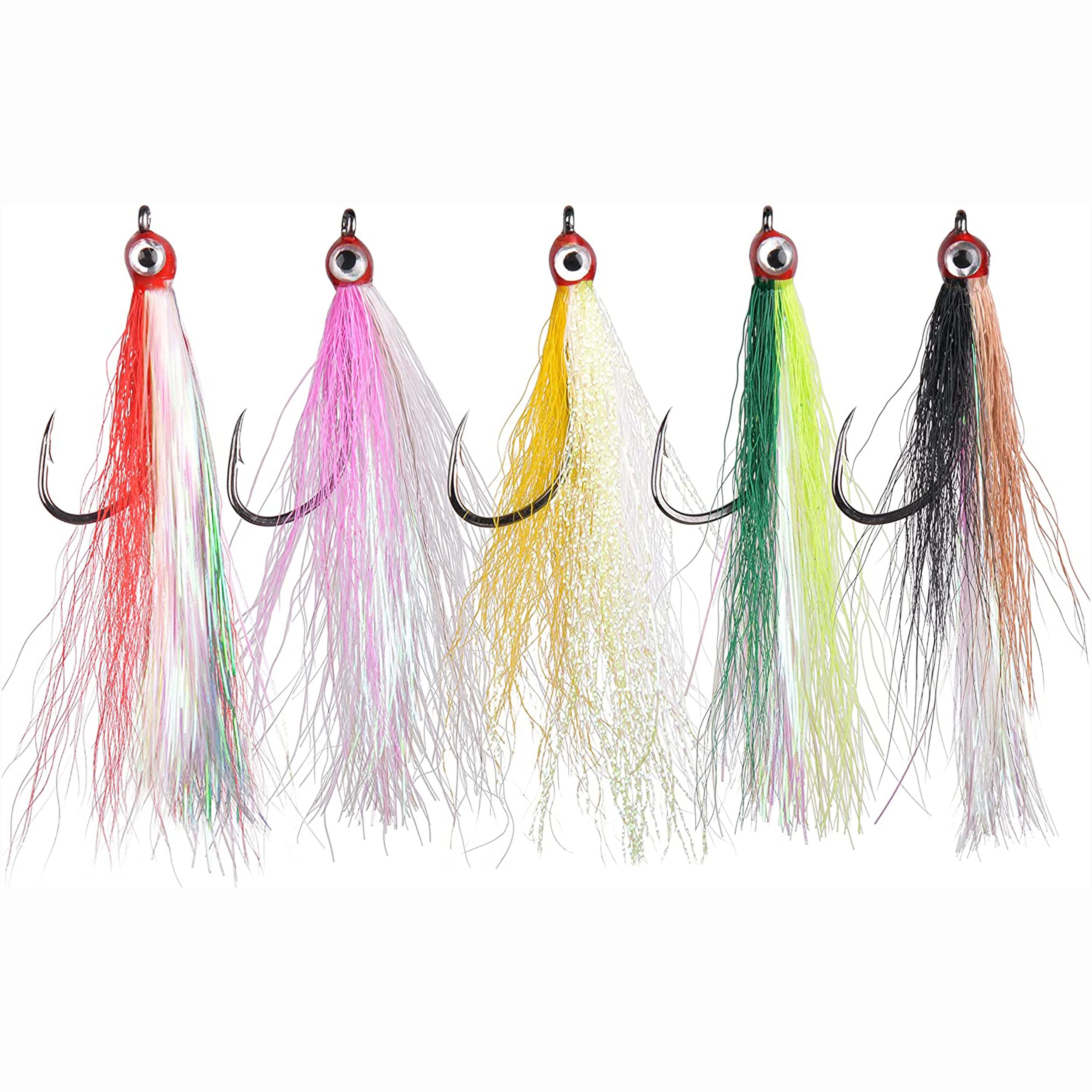 Bucktail Teasers Fishing Hook Saltwater Fishing Jig Hooks 5pcs Teaser Lures High Carbon Steel Hook with Crystal Flash Feather Fluke Rig Fly Fishing Bass Sea Lures (5pcs Bucktail Teasers with 3D Eyes)