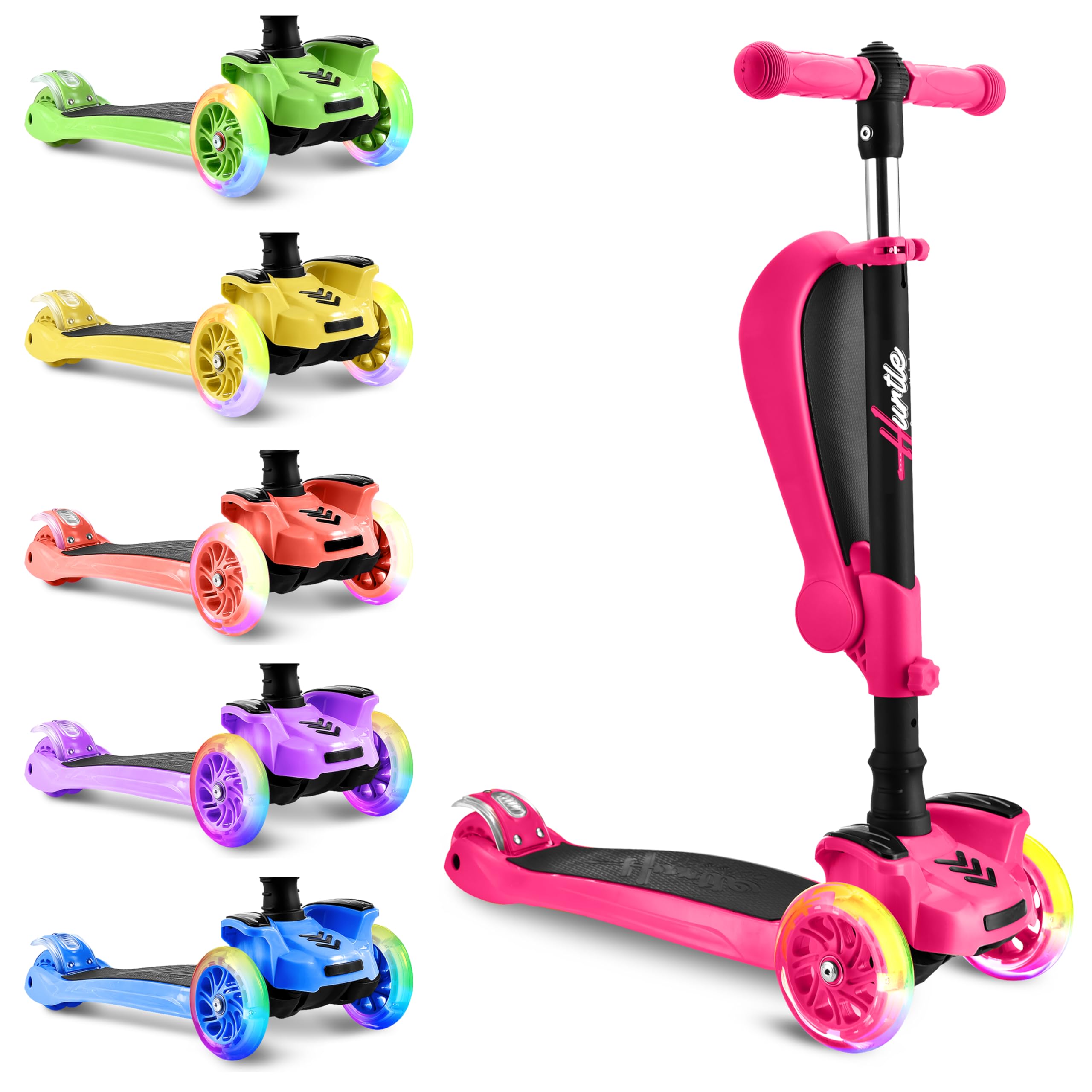 Hurtle 3-Wheeled Scooter for Kids - Wheel LED Lights, Adjustable Lean-to-Steer Handlebar, and Foldable Seat - Sit or Stand Ride with Brake for Boys and Girls Ages 1-14 Years Old