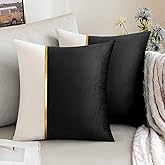 ANRODUO Pack of 2 Black Throw Pillow Covers Decorative Velvet Patchwork with Gold Leather Pillowcase Soft Solid Decoration Cushion Case Square for Couch Sofa Living Room Home Decor 20x20 Inch