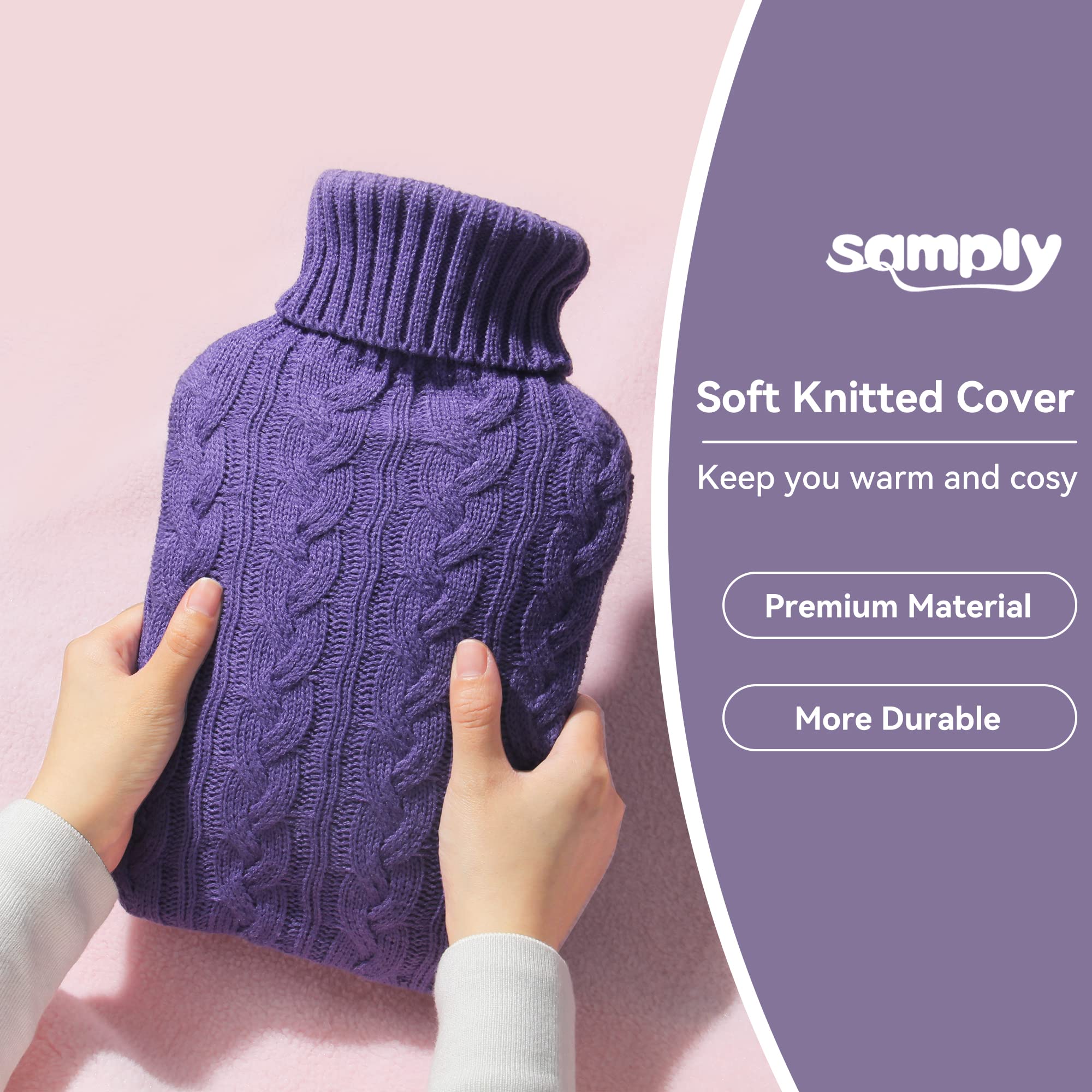 samply Hot Water Bottle with Knitted Cover, 2L Hot Water Bag for Hot and Cold Compress, Hand Feet Warmer, Ideal for Menstrual Cramps, Neck and Shoulder Pain Relief, Purple