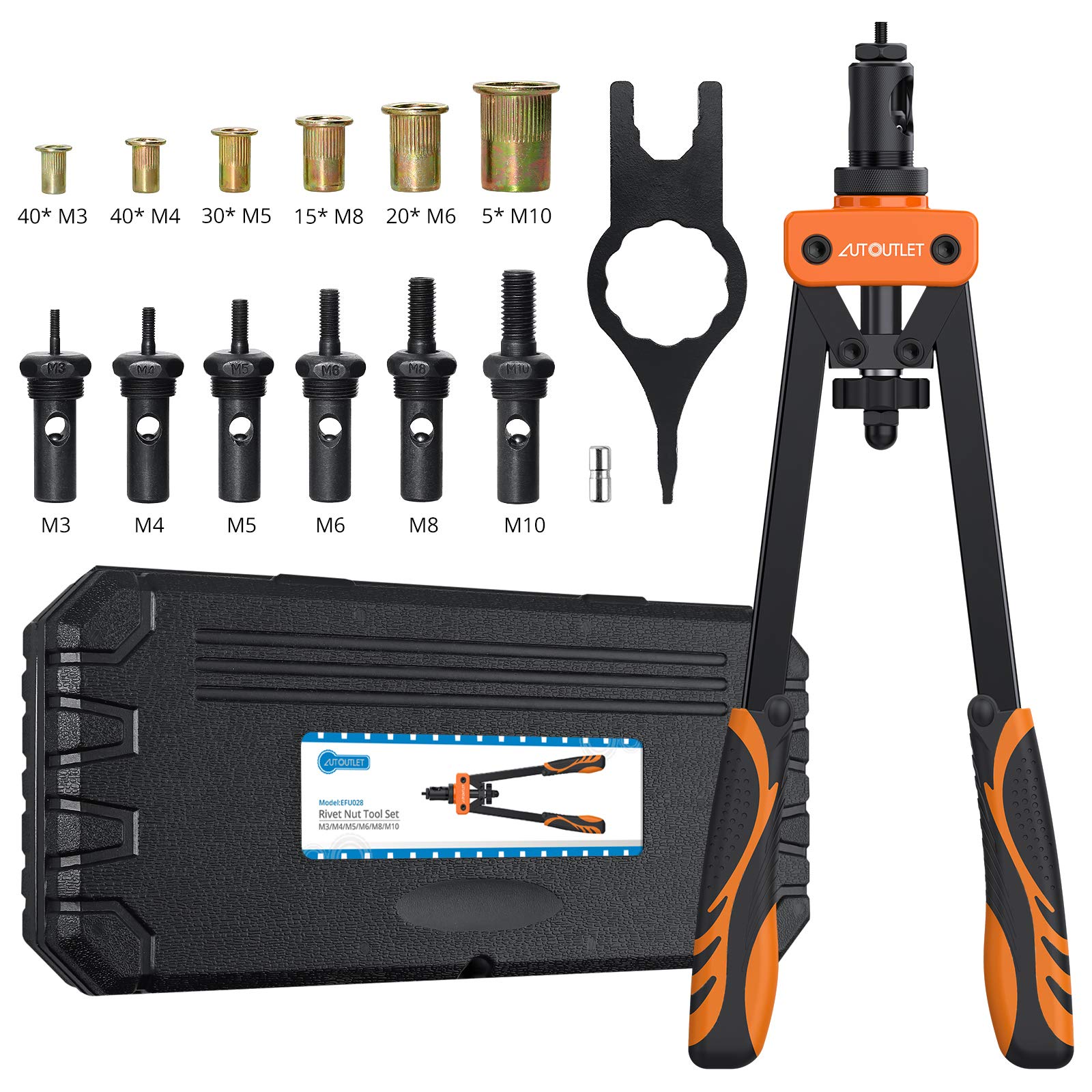 AUTOUTLET Rivet Nut Pliers Set, 14" Professional Rivet Pliers Set with M3 M4 M5 M6 M8 M10 6X Chrome-molybdenum Steel Mandrels, 150 PCS Rivet Nuts, Non-slip Handle for Thick Metal Sheets (Orange)