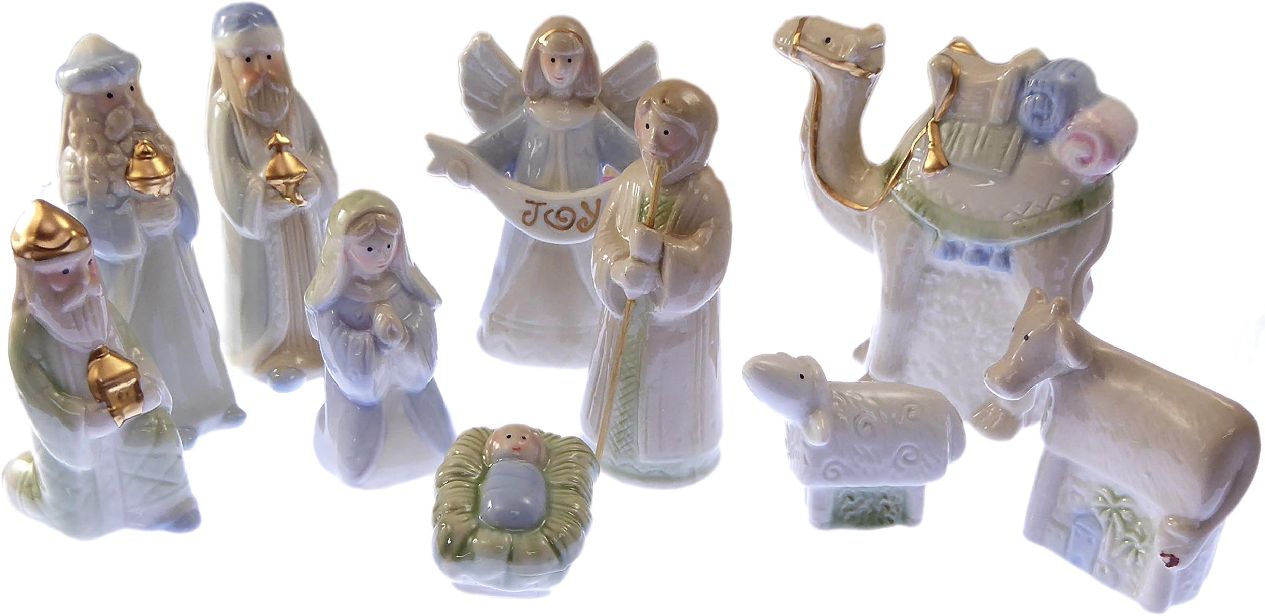 Children's fun glazed porcelain Christmas Nativity set scene 10 figures 4" 10cm