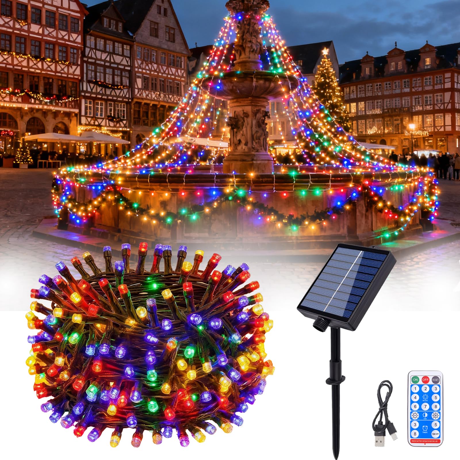 Hopelit Solar Fairy Lights Outdoor 20 m 200 LED Colourful with Remote Control and Timer, 8 Modes, Outdoor Solar Fairy Lights for Garden, Patios, Halloween and Christmas, Party Decoration, etc