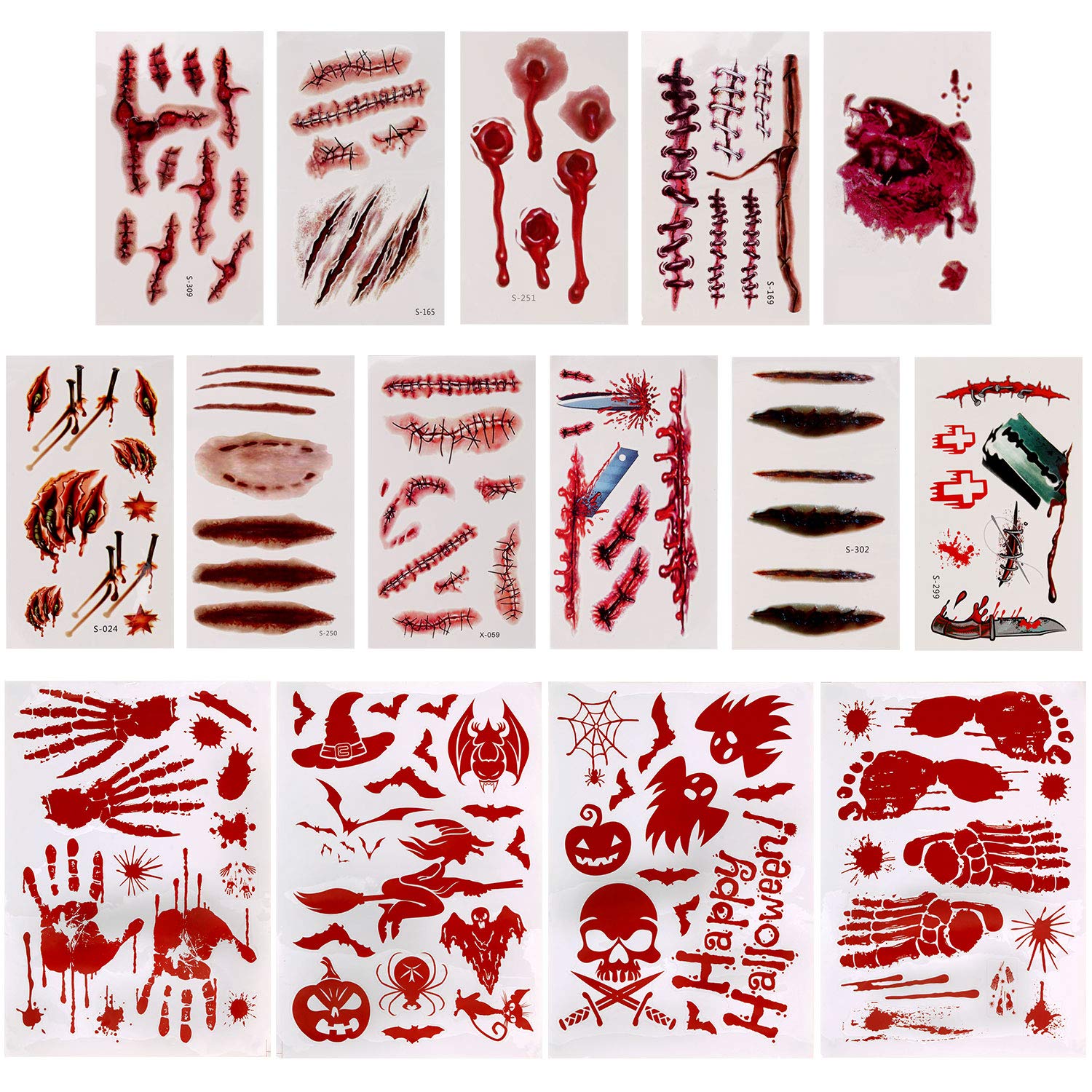 Halloween Scar Stickers Tattoo Bloody Decals Handprints Floor Clings,Aniwon 15Pcs Waterproof Window Wall Stickers Decor Footprint 11Pcs Simulation Horror Realistic Fake Bloody Wound Stitch Scar for Party Zombies Cosplay