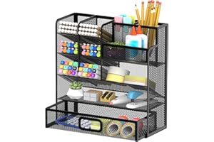 Mesh Pen Holder Desk Organizer, Multi-Function Pen Organizer with Drawer, Cute Desk Organizers and Accessories for Office Sup