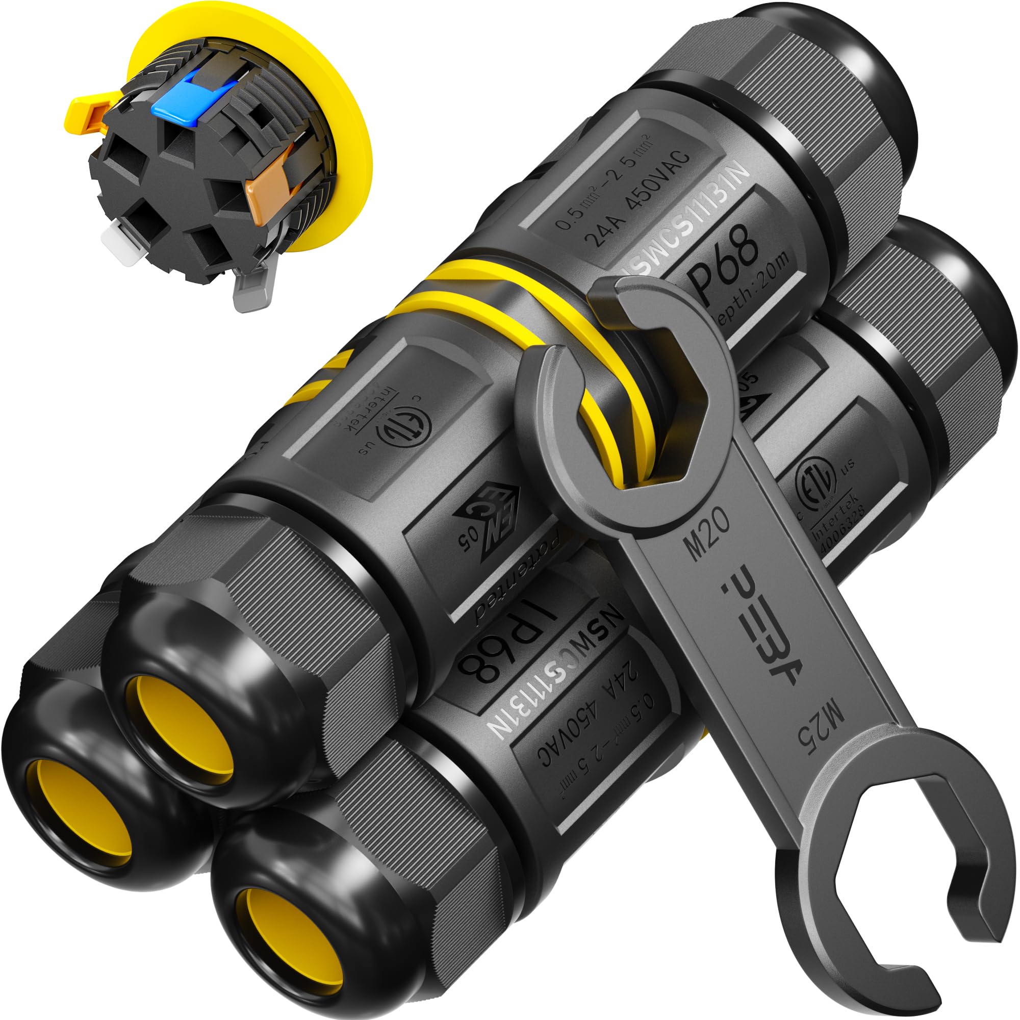 PEBA IP68 Waterproof Cable Connector Outdoor, 2 Way Waterproof Junction Box Outdoor Cable Connector, 5 Pins Wire Connector, Extension Electrical Cable Protector for Cable Diameter Ø4mm-14mm (3 Pack)