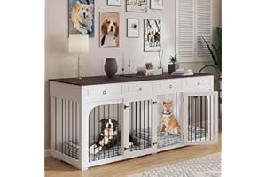 PITMOTO 86.6" Extra Large Dog Crate Furniture for Large Breeds,XXXL Wooden Double Dog Crates Kennel Cage Furniture Style TV Stand Side End Table for 2 Dogs with Divider Locks and 4 Drawers,White