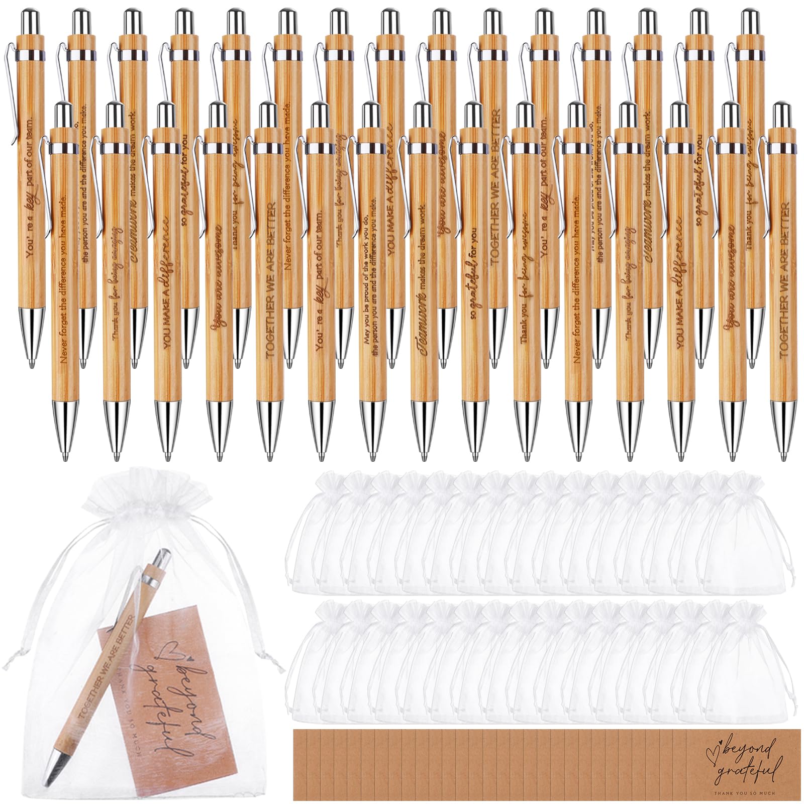 90 Pcs Employee Appreciation Gifts Inspirational Bamboo Ballpoint Pens Thank You Motivational Quotes Pens with Greeting Cards Organza Bags Encouraging Pen Thank You Gifts for Colleagues Teacher