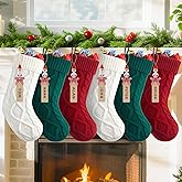 Personalized Christmas Stockings - 18” Large Knitted Xmas Stocking with DIY Snowman Wooden Name Tag, 6 Pack Hanging Family Stockings for Kids Mantels Christmas Holiday Decor, Red Green White