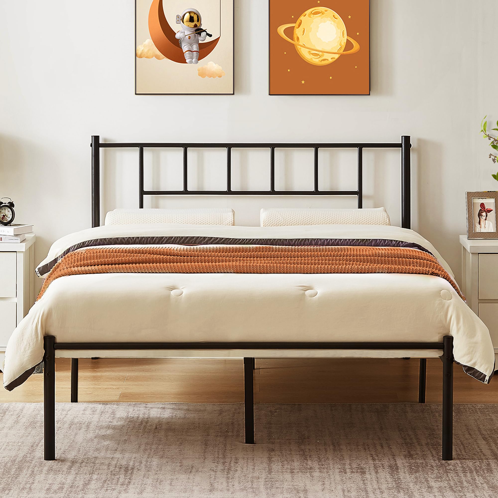 Photo 1 of VECELO Queen Metal Platform Bed Frame with Headboard, Heavy Duty Steel Slat Support, Under Bed Storage,No Box Spring Needed, Easy Assembly