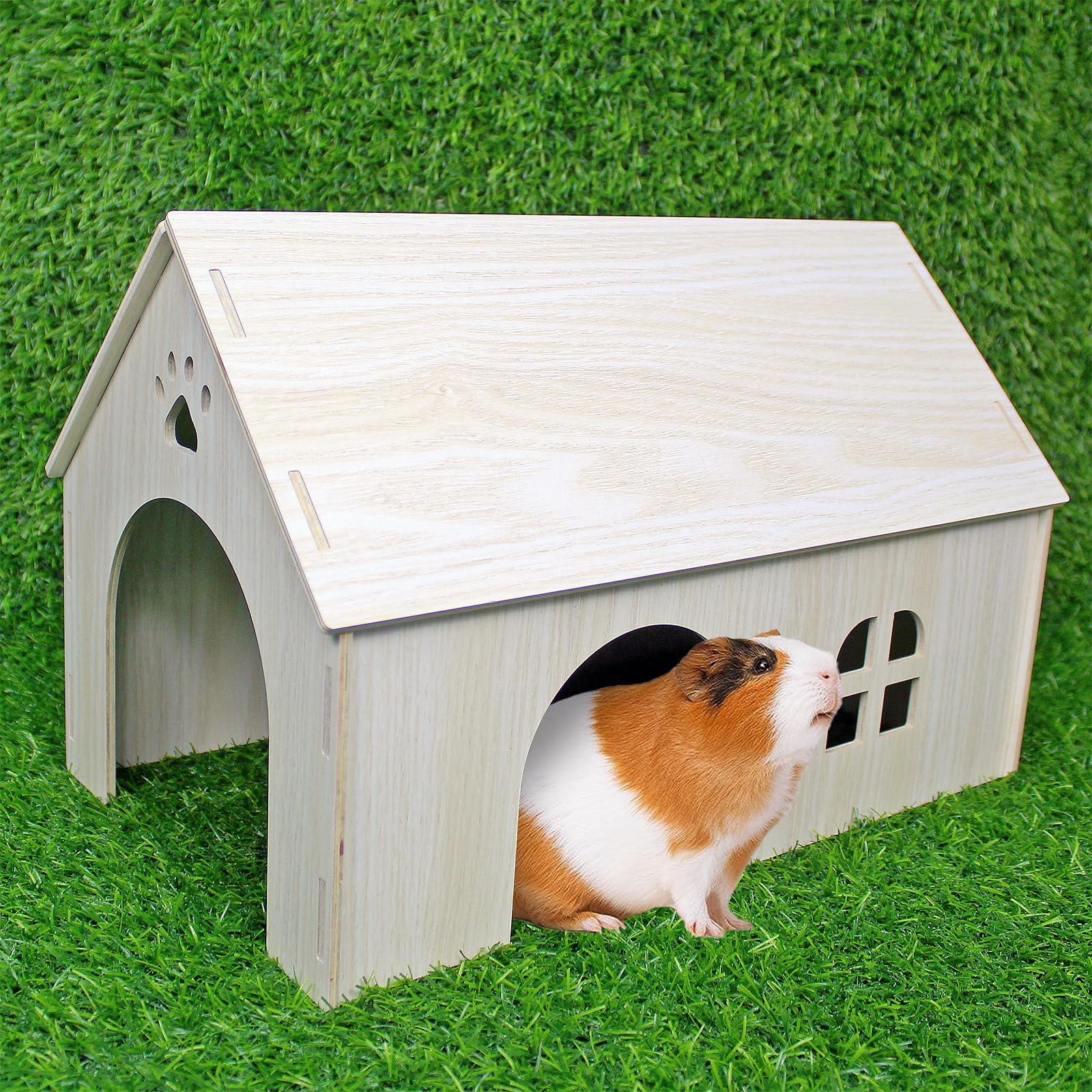 YankMooM Wooden Guinea Pig House,40 x 24 x 26 cm Large Guinea Pig Hideout Wooden Hamster House Baby Rabbit Hideout Small Pet House with Windows for Guinea Pigs Rabbits Chinchillas Hamster