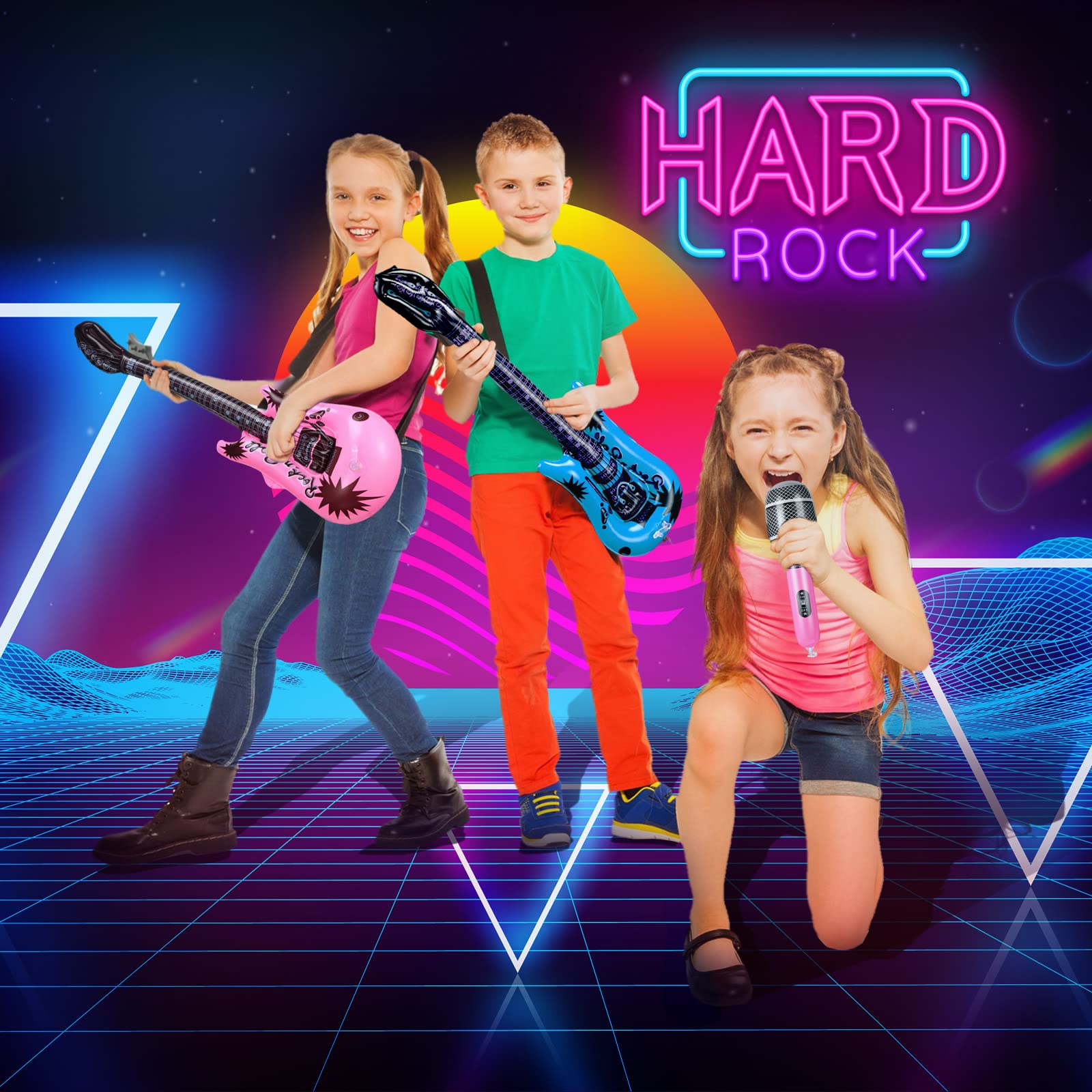 Tradder 24 Pcs Inflatable Rock Star Toy 37 Inch Set, Blow up Guitar Bulks Include Inflatable Guitar 24'' and 10'' Microphone for 80s 90s Musical Themed Party, Birthday Party Decor