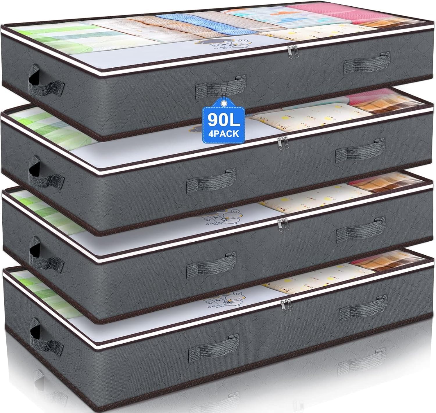 Budding Joy 4 Pack Underbed Storage, 90L Large Under Bed Storage Box with Lid, Clothes Storage Bags with Clear Window and Reinforced Handles for Blanket, Clothes, Comforters, Grey