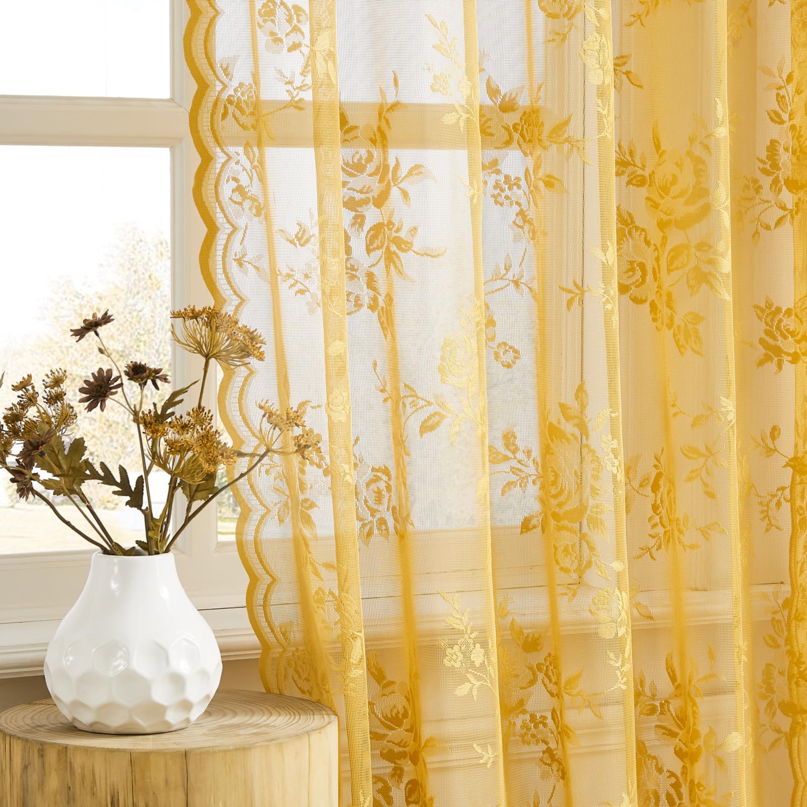 Photo 1 of Earth Yellow Lace Curtains 45 Inch Length 2 Panels Set Country Flower Sheer Curtains for Kitchen Cafe Room Rod Pocket Light Filtering Curtains for Casual Neutral Privacy Halloween Fall Decor, 52x45