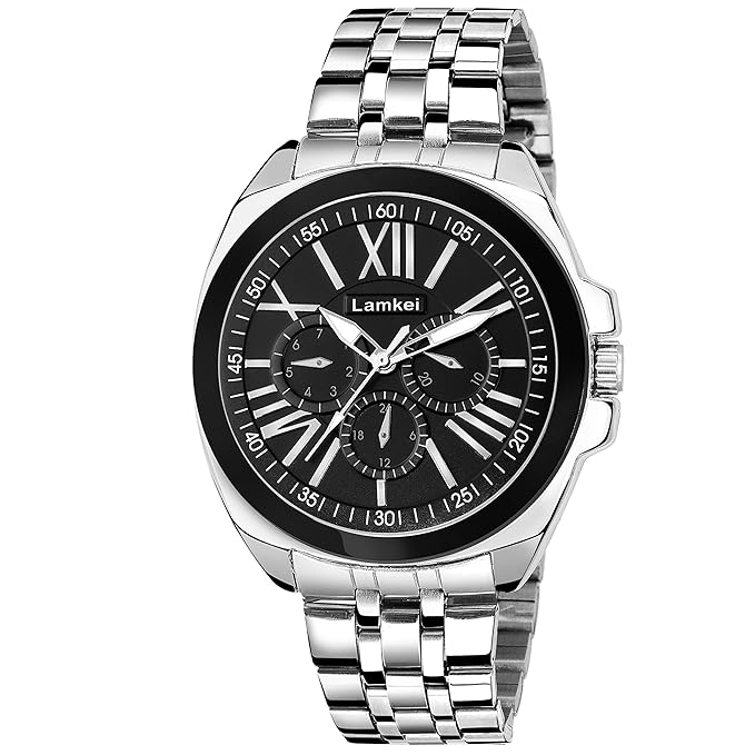 Lamkei Premium Imported Working Chronograph Black Dial Silver Stainless Steel Chain Men�s Watch � LMK-0124
