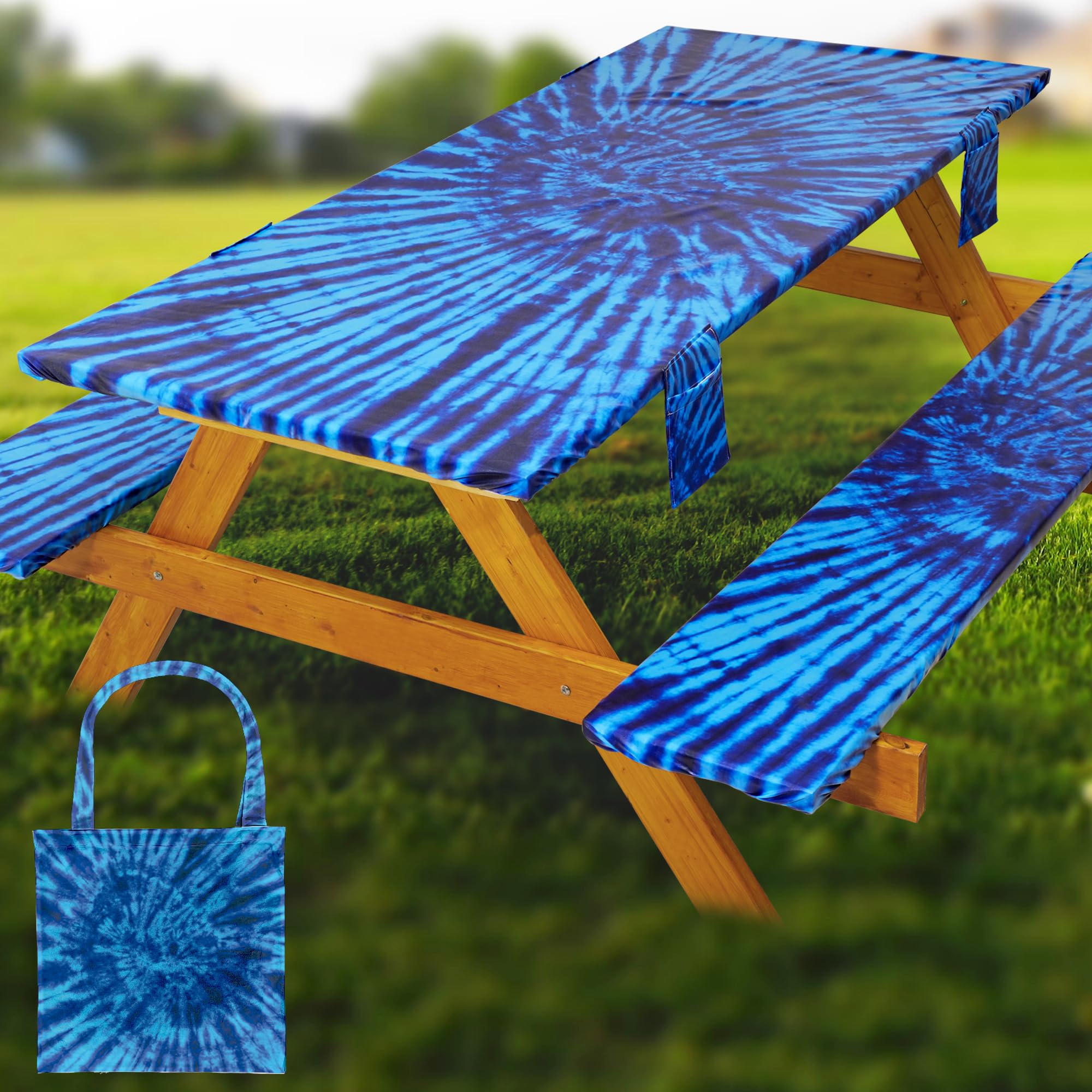 Photo 1 of Fitted Picnic Table Cover with Bench Covers Waterproof Elastic Edges Rectangle Patio Tablecloth Outdoor Camping Essentials Stuff Rv Accessories Summer Trip Travel Supplies Party Camper Gifts, 8 ft