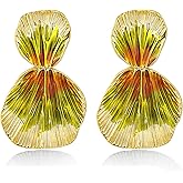 Colorful 18K gold plated Boho Chunky Leaf Floral Geometric Textured Dangling Statement Earrings for Women by SNGIA, Large Orange Green Handmade Trendy Ribbed Fan Dangle Jewelry Gifts, Big Summer Round Oval Square African Beachy Vacation Flower Fashion Accessories, Vintage Thick Bohemian Nickle Free Huggie Earring.