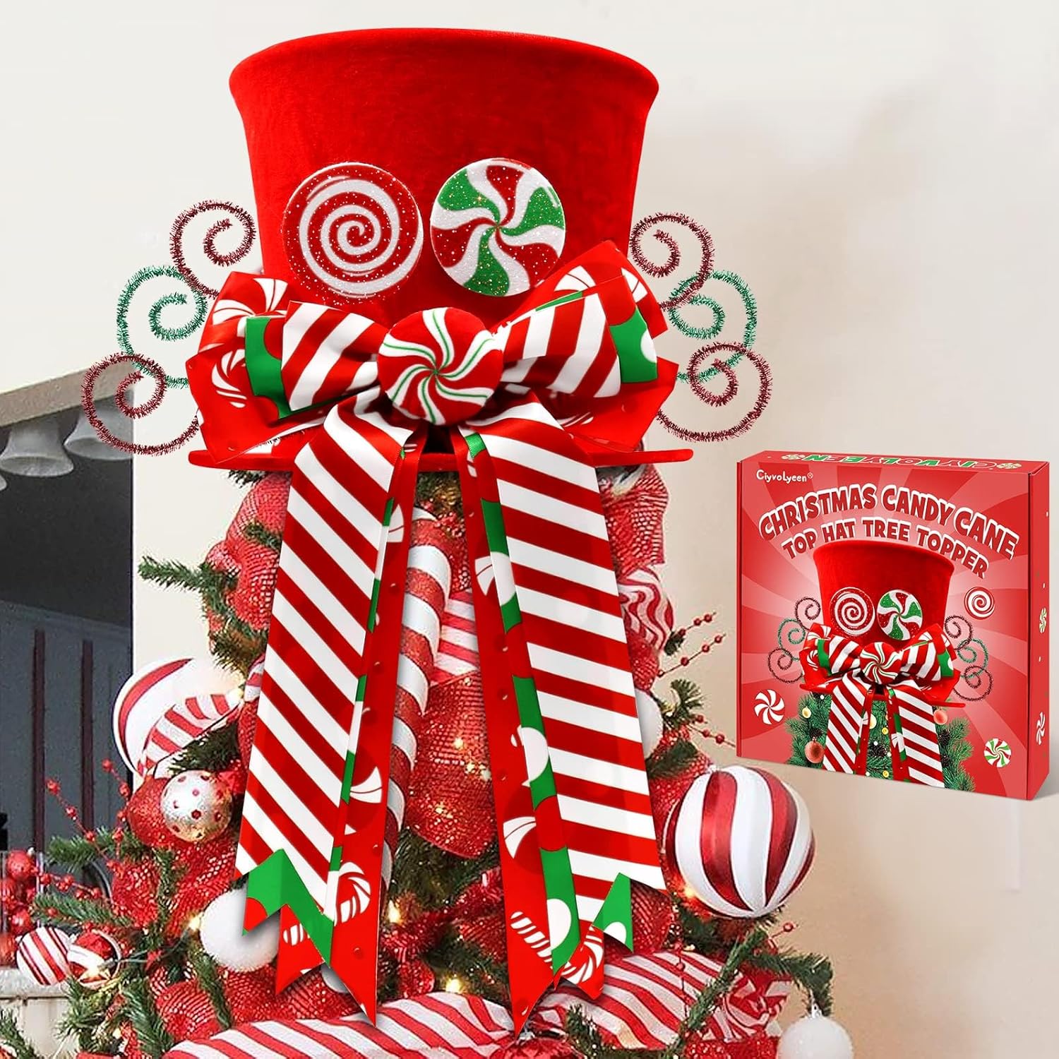 Tree Toppers - Christmas Candy Canes Tree Topper Red Hat with Peppermint Bows Ornament Winter Lollipop Holiday Home Decoration Xmas Festive Gift Ideas Supplies