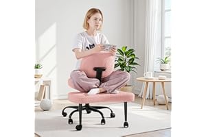 GUNJI Ergonomic Criss Cross Legged Office Chair, 360° Swivel Meditation Kneeling Chair with Wheels, ADHD Chair with Footrest, Lumbar Support, Wider Height Adjustable Seat (Teddy Fleece, Pink)