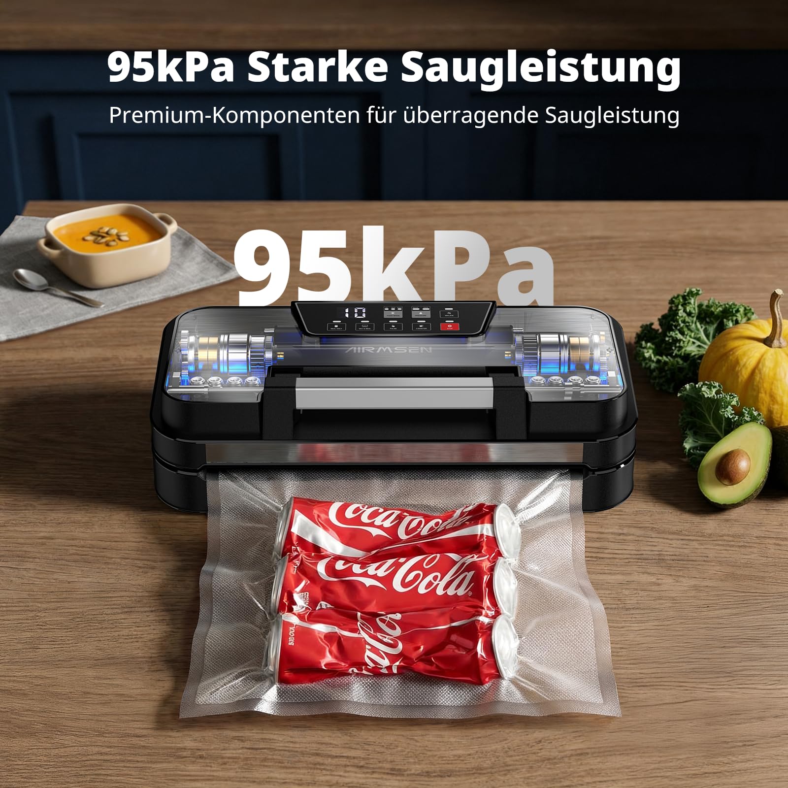 AIRMSEN 95 kPa Vakuumiergerät mit Aufblasfunktion, 120W Profi Vakuumierer für Trockene & Feuchte Lebensmittel, Inkl. Rollenfach, Cutter & Schlauch, 2x3mm Doppelschweißnaht 3