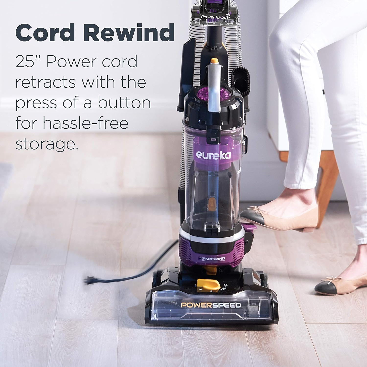 Eureka NEU202 PowerSpeed Lightweight Bagless Upright Vacuum Cleaner with Automatic Cord Rewind and 4 On-Board Tools, CordRewind+Pet, Purple -