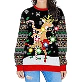 Fanient Women LED Light Up Ugly Christmas Sweater Snowflake Reindeer Xmas Sweater Built-in Light Bulbs Knitted Pullover