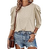 Tankaneo Womens 3/4 Length Sleeve Tops Dressy Casual Blouse Puff Sleeve Cute Trendy T Shirts with Smocked Cuffs