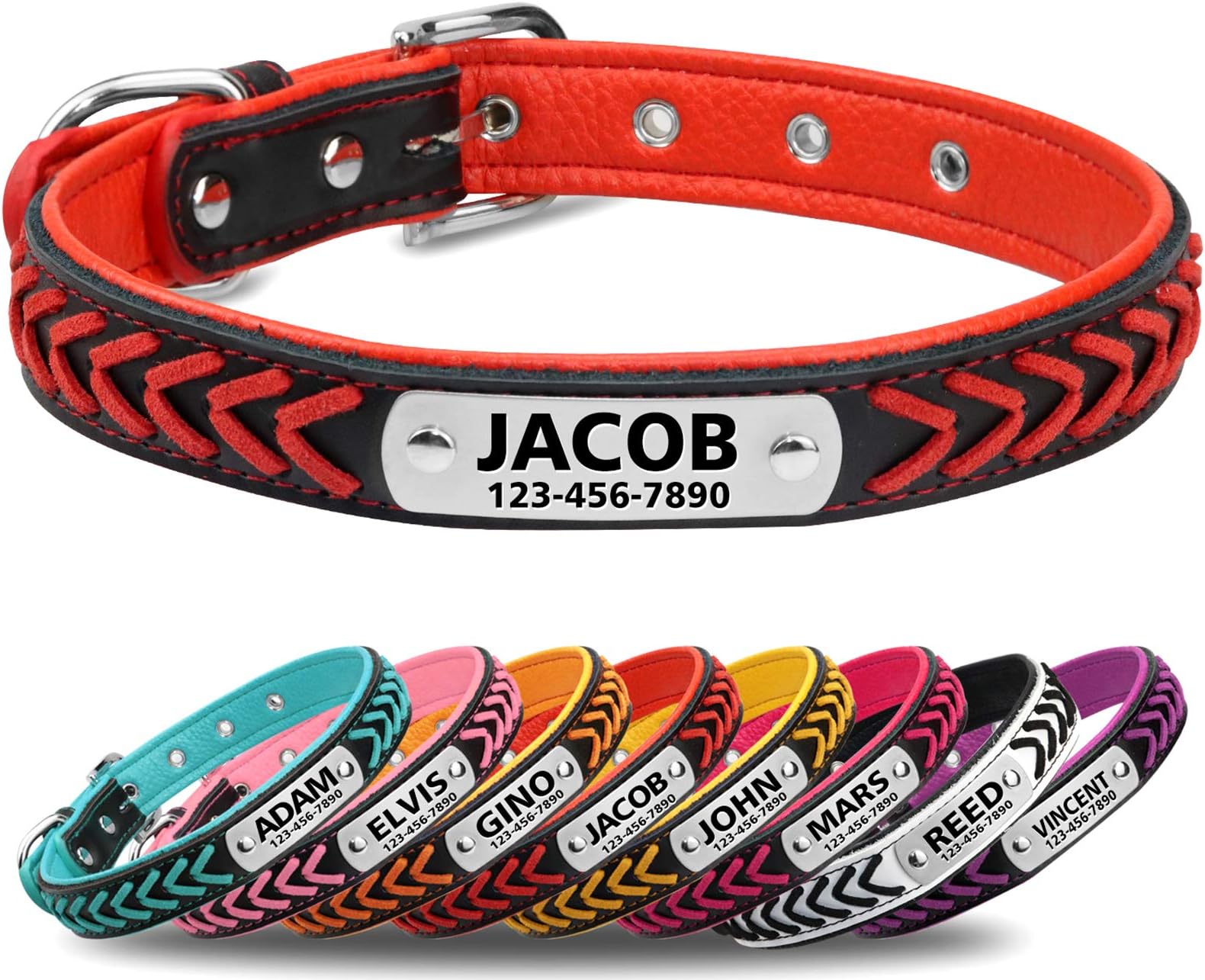 Vcalabashor Custom Leather Collar,Personalized Engraved Dog Collar with Stainless Steel On Collar Nameplate,Red
