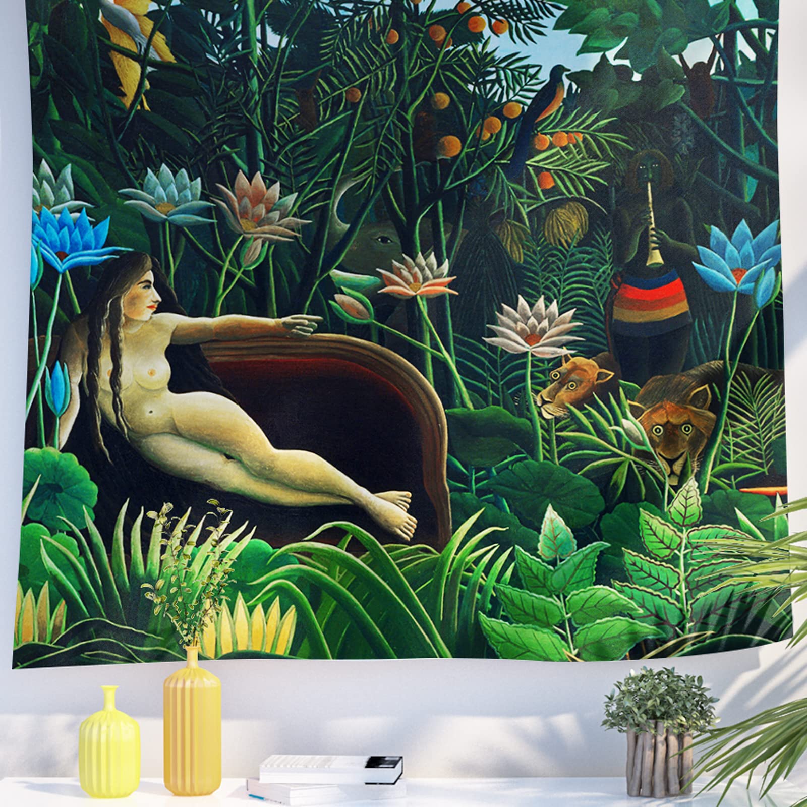 Berkin Arts Art Decor Tapestry with Abstract Design Wall Hanging Aesthetic Backdrop Trippy Botanical Women Landscape for Bedroom Office 59.1 x 78.7 Inch (The Dream by Henri Rousseau)