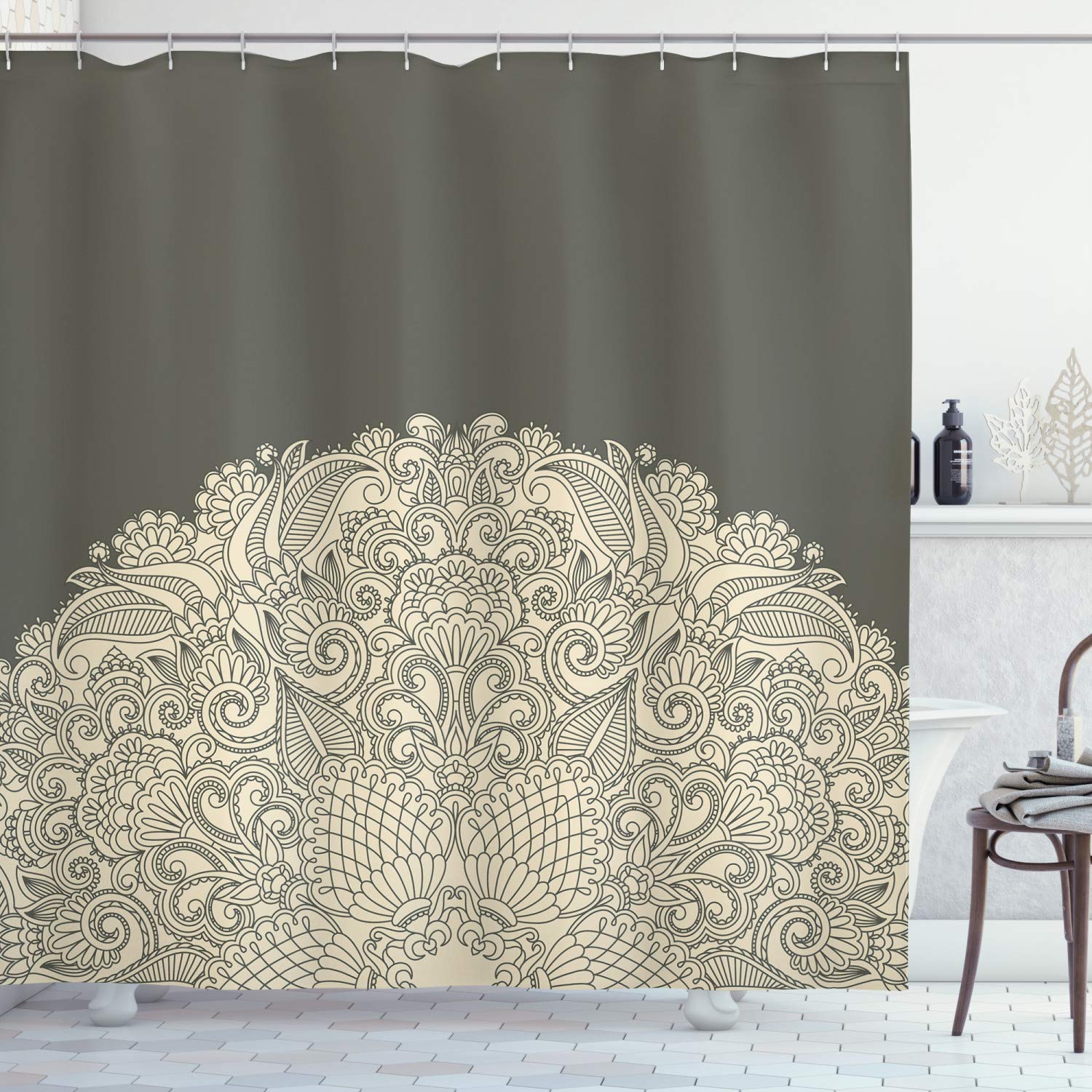 ABAKUHAUS Oriental Shower Curtain, Half Mandala with Rich Floral Curls Traditional Vintage Motif, Cloth Fabric Bathroom Decor Set with Hooks, 94 Inches, Beige and Dark Taupe — image 1