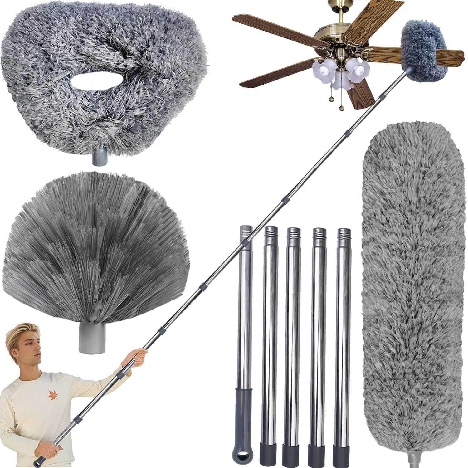 Photo 1 of 20+ Ft High Reach Ceiling Fan Duster & Cobweb & Corner Brush Duster with 3-14 ft Spliceable Pole Microfiber Feather Duster for Spider Web, High Ceiling, Blinds, Furniture Cleaning Tool Kit