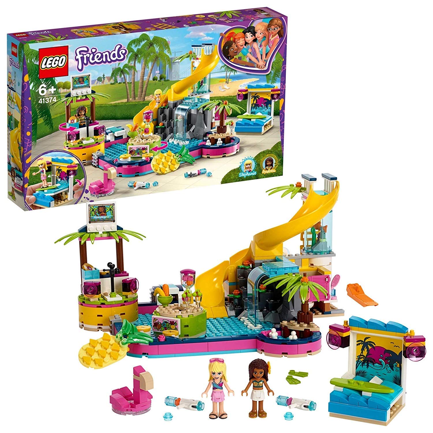 LEGO 41374 Friends Andrea’s Pool Party Set with Andrea and Stephanie Mini-Dolls, DJ Box, Aquarium and Fish