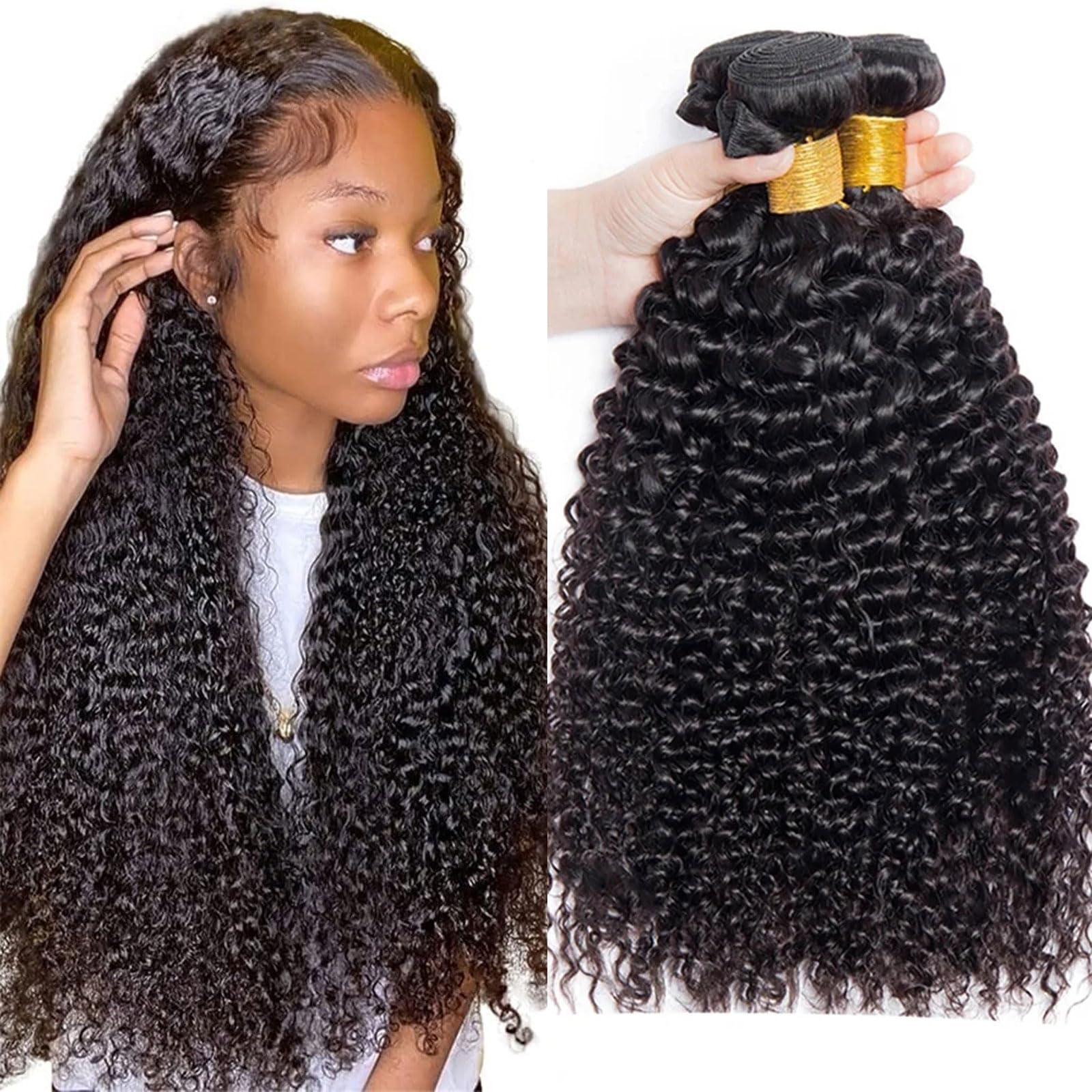 Huarisi Kinky Curly 3 Bundles (20 22 24 inch), Brazilian Human Hair Curly Weaves, 10A Unprocessed Curly Virgin Hair Bundles Real Hair Extensions for Black Women Sew in Double Weft