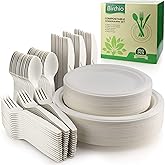 250 Piece Biodegradable Paper Plates Set (EXTRA LONG UTENSILS), Disposable Dinnerware Set, Eco Friendly Compostable Plates & Utensil include Plates, Forks, Knives and Spoons for Party
