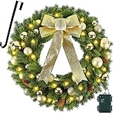 Hausse 21" Lighted Christmas Wreath with Metal Hanger, Pre-lit Xmas Folded Wreath with LED Lights, Golden Bow & Balls, Battery Operated & Timer for Front Door Gate Wall Holiday Party Decor