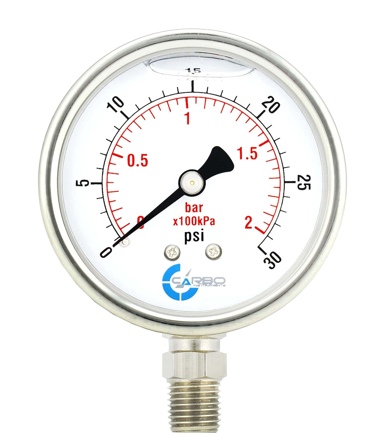 CARBO Instruments 2 1-2" Pressure Gauge, Stainless Steel Case, Chrome Plated Brass Connection, Lqiuid Filled, 0-30 psi/kPa, Lower Mount 1/4" NPT