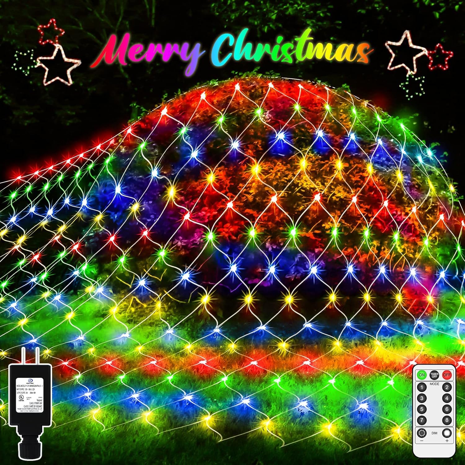 Photo 1 of 2 Pack Total 400 LED Christmas Net Lights Outdoor 6M*4M Mesh Lights Fairy String Lights Plug in with Timer 8 Modes Waterproof for Outside Bush Window Wall Patio Fence Tree Decorations-Multicolored