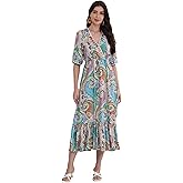 Bohjovoz Women’s V Neck Short Sleeves High Waist Floral Print Casual Bohemian Midi Dresses