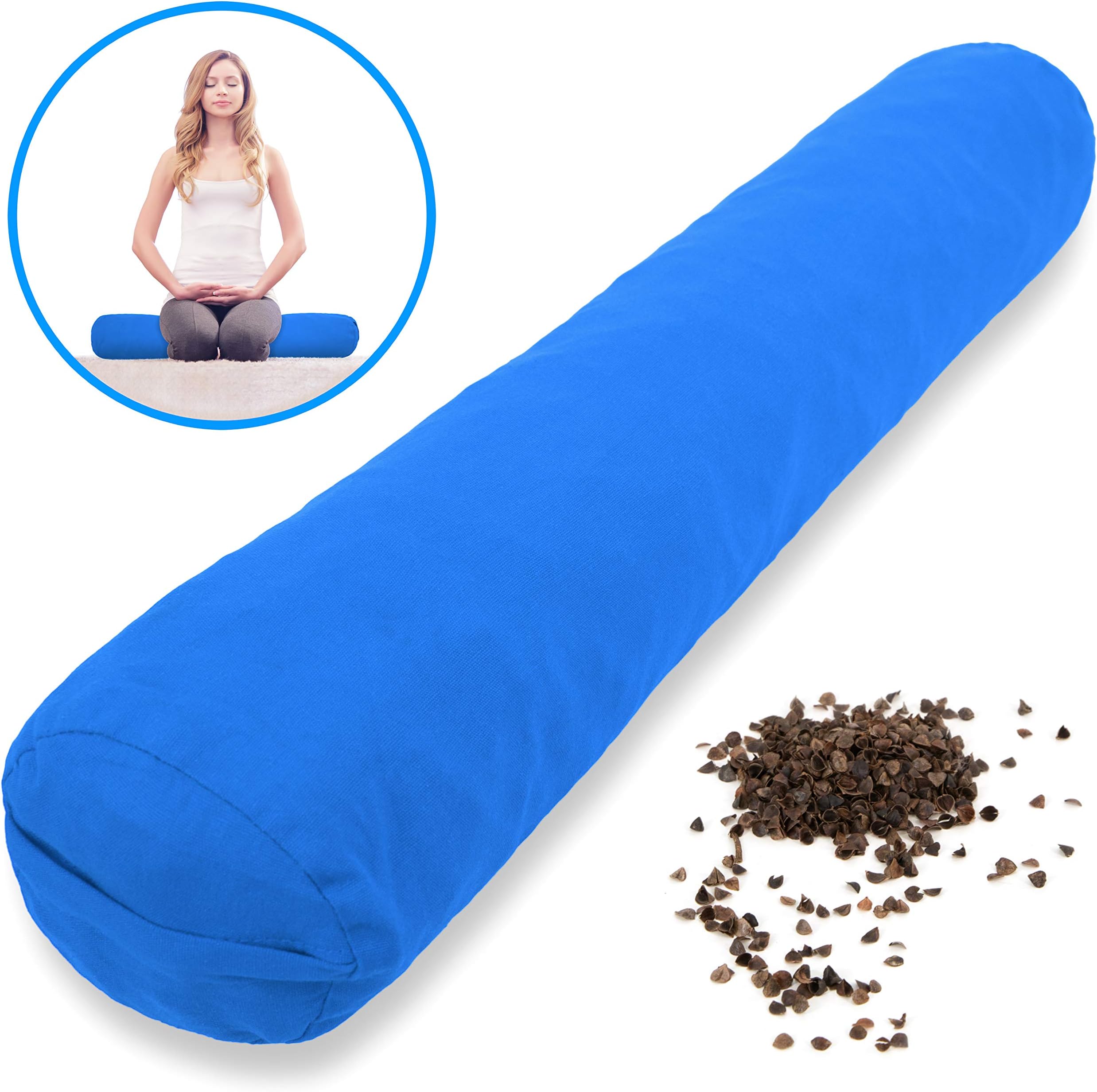 BeanBob Round Yoga Bolster & Meditation Pillow - Slim Line Size (26’’ x 6’’) Medium with Organic Cotton Cover & Natural Buckwheat Filling (Medium, Sapphire Blue)