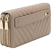 B BRENTANO Vegan Leather Double Zipper Pocket Wallet with Grip Hand Strap (Chevron Embroidered Taupe)