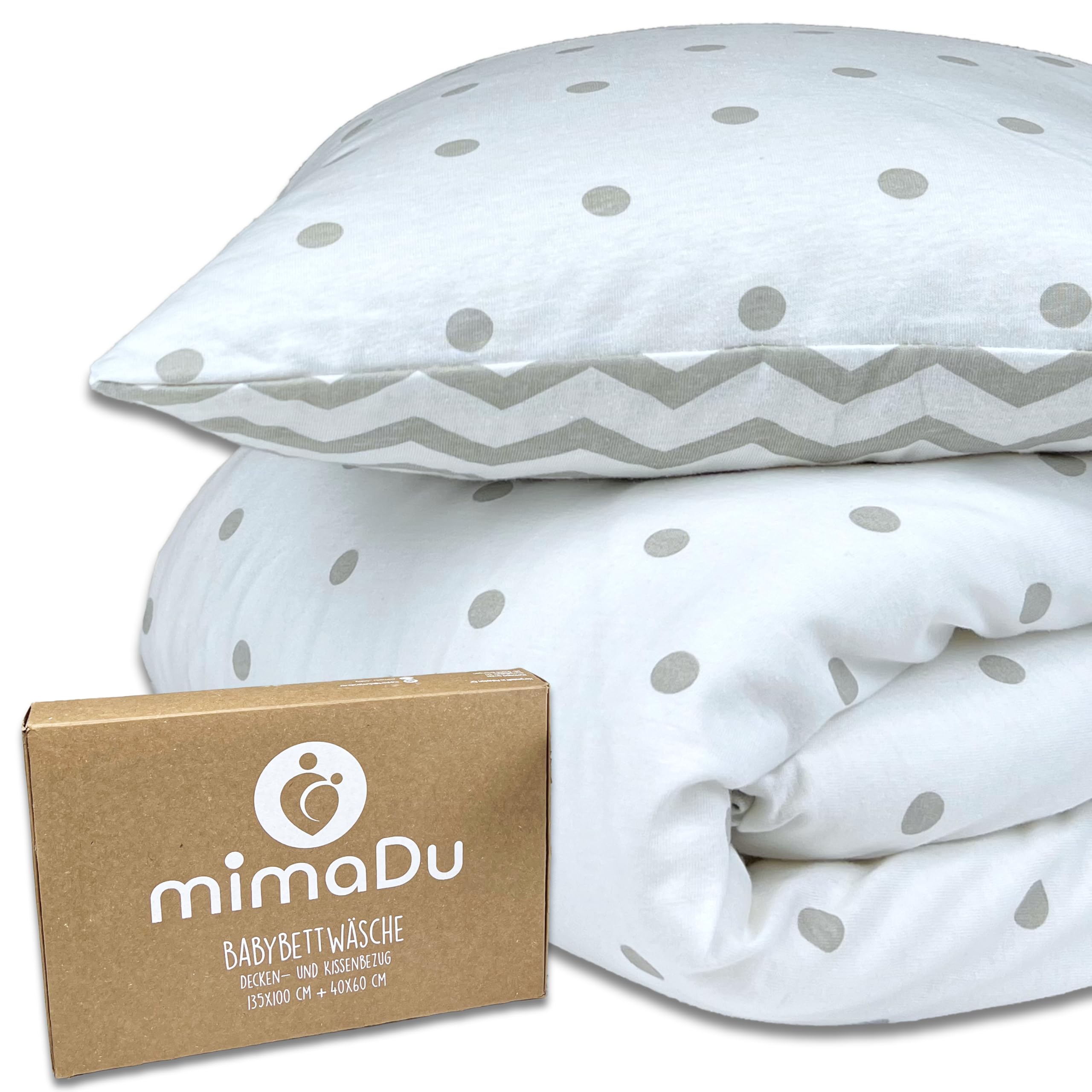 mimaDu Baby Bed Linen 100 x 135 cm Children's Bed Linen 100 x 135 cm Cotton Baby Bedding for Cot Pillowcase Duvet Cover Oeko-Tex 100 Certified (Dots Zigzag)