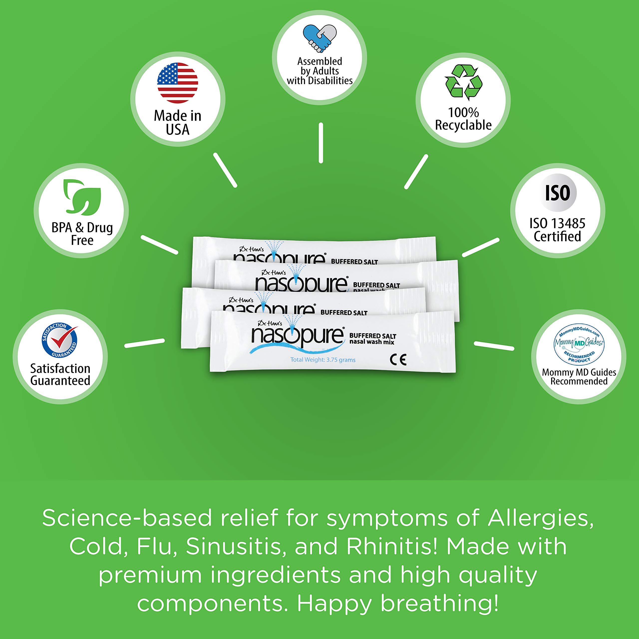 Nasopure Nasal Wash, Refill Kit, “The Nicer Neti Pot” Sinus Wash Kit, Comfortable Nasal Rinse 40 Salt Packets (3.75 Grams Each), Nasal Congestion, Cold, Flu, Allergy, Nasal Irrigation System, Lavage