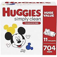 Baby Wipes, Unscented, Huggies Simply Clean Fragrance-Free Baby Diaper Wipes, 11 Flip Lid Packs (704 Wipes Total)