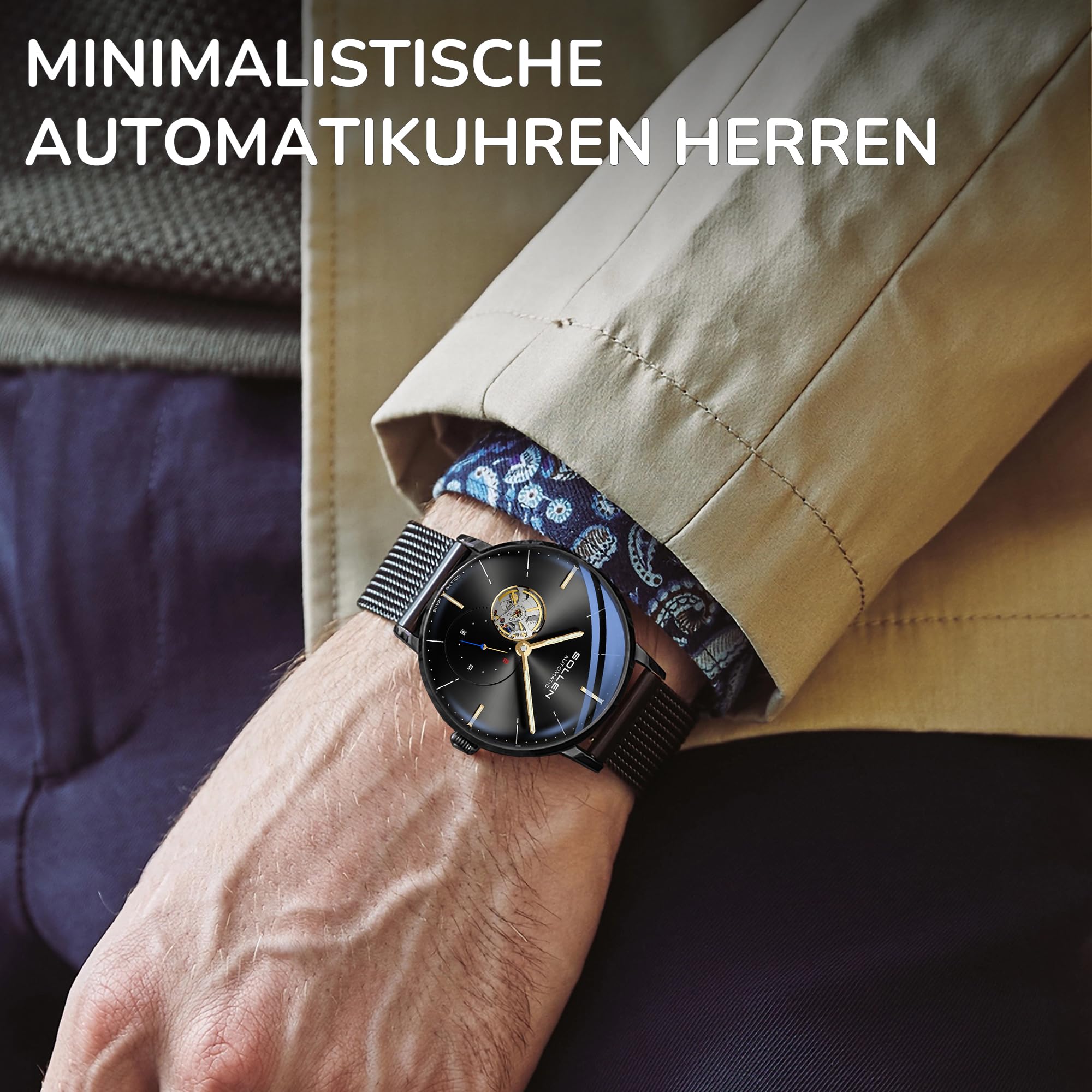 SOLLEN Automatikuhren Herren mit Skelettzifferblatt,Automatische Herrenuhren,Originales Mechanisches Uhrwerk,Leuchtend Selbstaufzug Herrenuhr mit Sekundenzeiger,Armbanduhren als Geschenk für Männer 3
