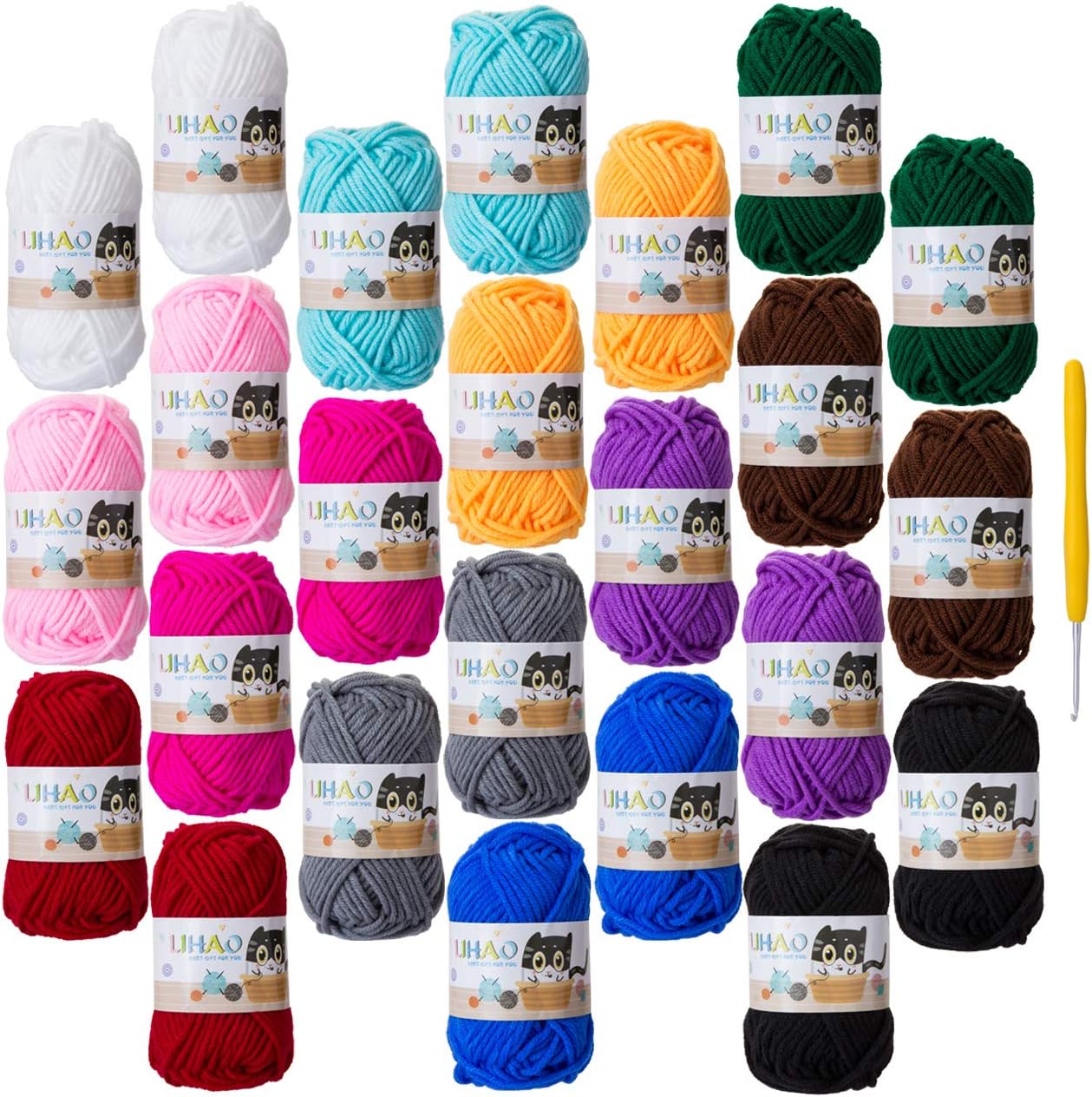LIHAO 24 Pack 12 Color Mini Yarn Skeins for Craft Project with 2.5mm Silicone Crochet Hook