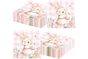 40 Pcs Easter Napkins Paper with Pink Buffalo Plaid Cute Bunny and Easter Eggs, Disposable Spring Party Paper Dinner Cocktail