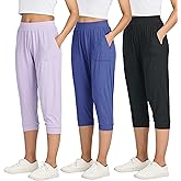 Real Essentials 3 Pack: Women's Ribbed Capri Jogger Lounge Sweatpants with Pockets Yoga Workout (Available in Plus Size)
