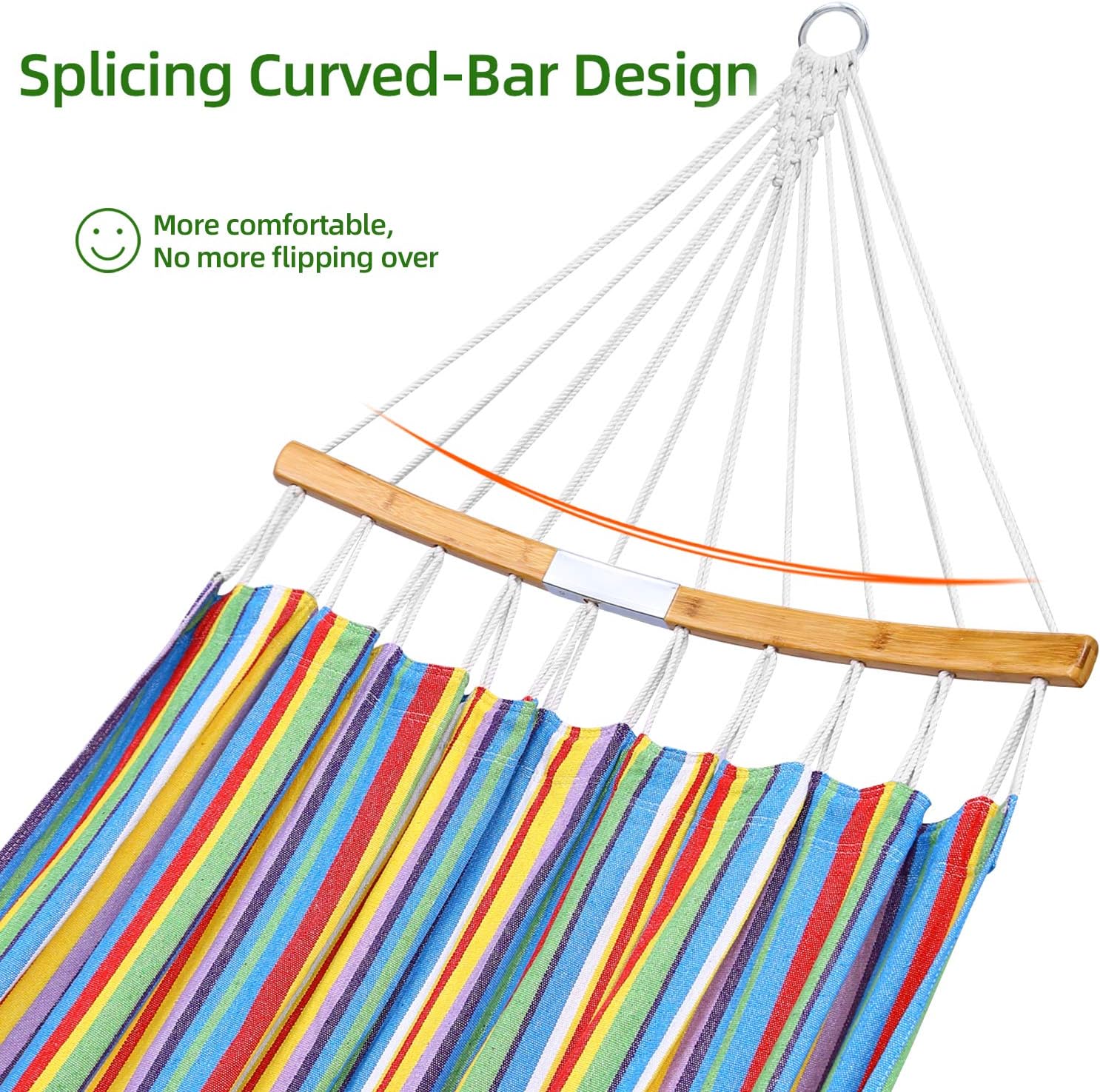 Double Hammock Swing with Tree Straps, Ohuhu Folding Curved-Bar Design 2020 Upgraded Space-Saving Bamboo Hammock with Carrying Bag, Portable Hammock for Patio, Backyard, Camping, Beach, Colorful Stripe : Garden & Outdoor