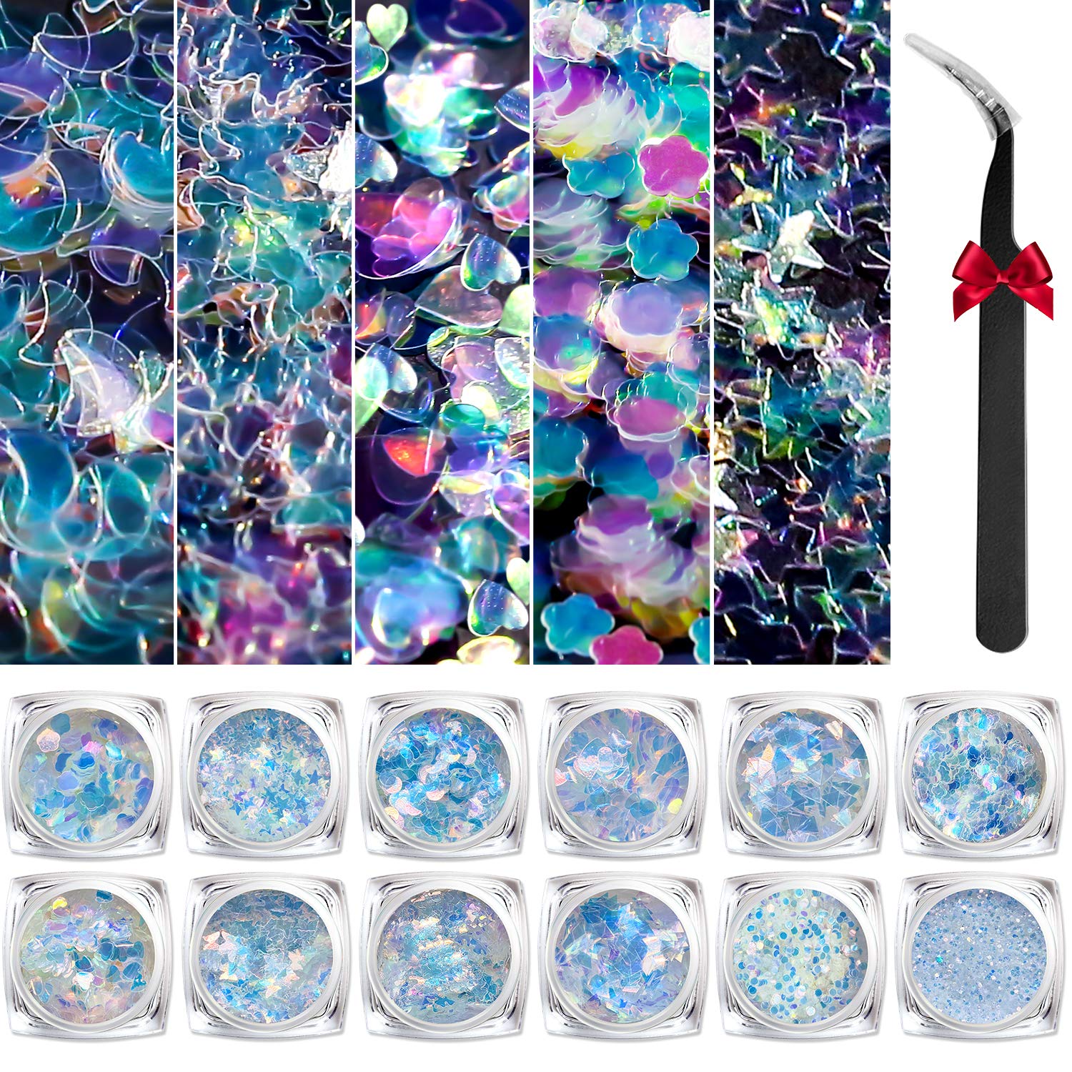 Modelones Holographic Nail Sequins 12 Colors Iridescent Mermaid Nail Glitter 3D Laser Sequins Nail Sparkle for Gel Nail Polish Dip Powder Flake Acrylic Paillettes with Tweezers Nail Art Decoration: Beauty