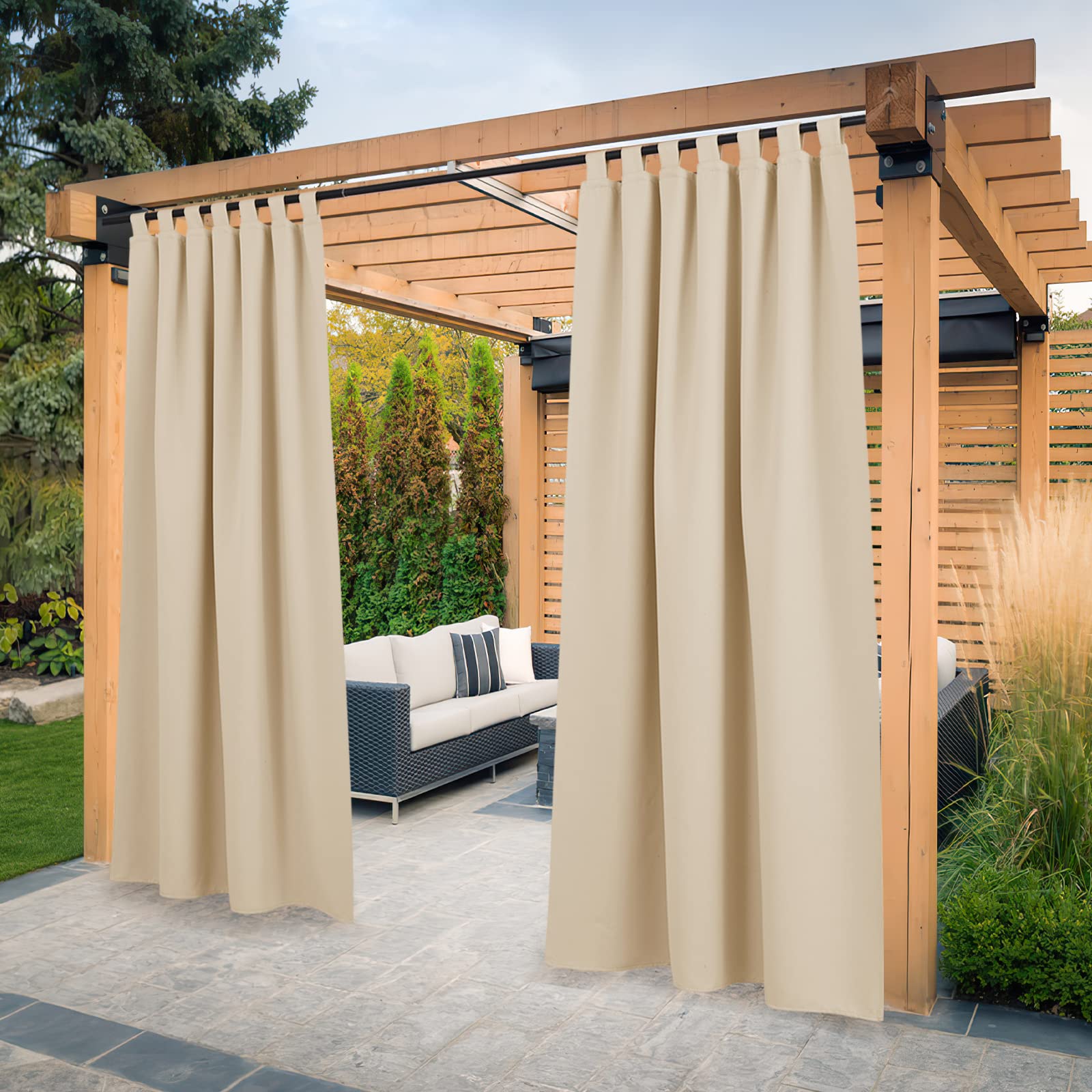 PONY DANCE Outdoor Curtain Waterproof - Balcony Curtain with Loops 2 Pieces H 213 x W 132 cm Outdoor Curtains with Velcro Fastening for Gazebo & Gazebo, Biscotti Beige